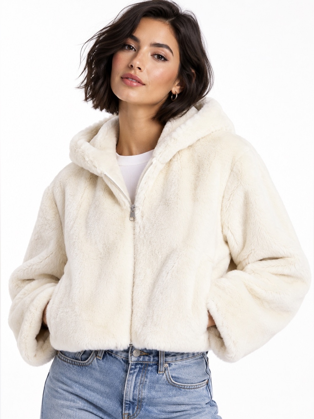 ASOS DESIGN Cream Faux Fur Cropped Hooded Zip Jacket Coat US 0/S/XS